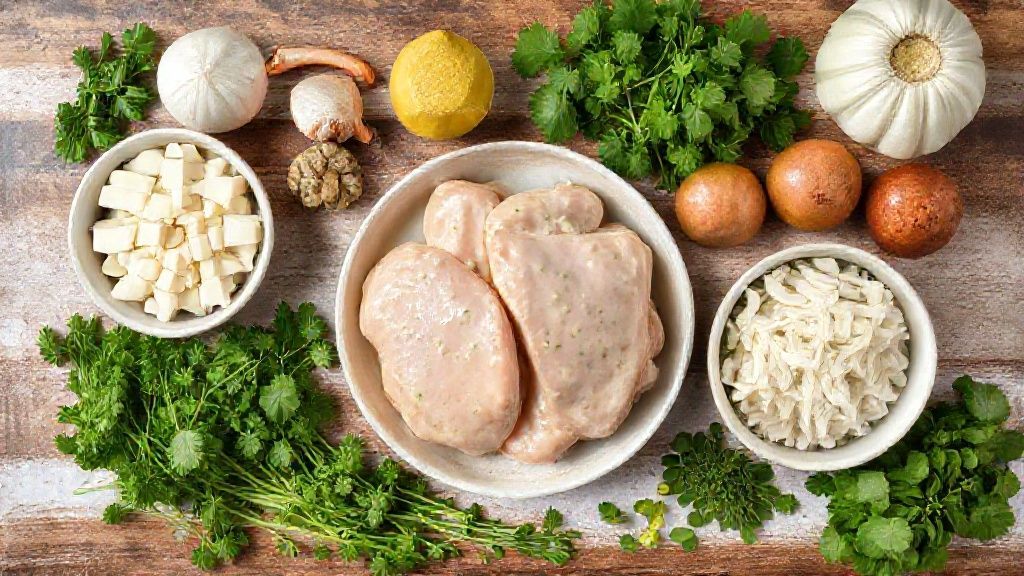 Visão de cima com os ingredientes da receita organizados em uma bancada