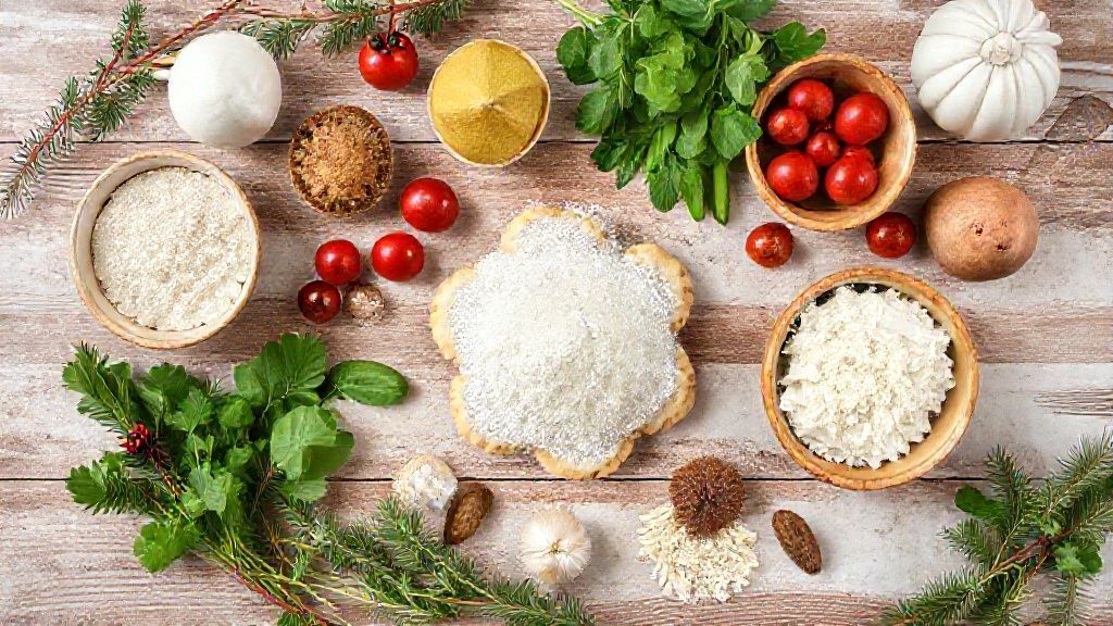 Visão de cima com os ingredientes saudáveis da bolacha de Natal fit dispostos sobre bancada de madeira