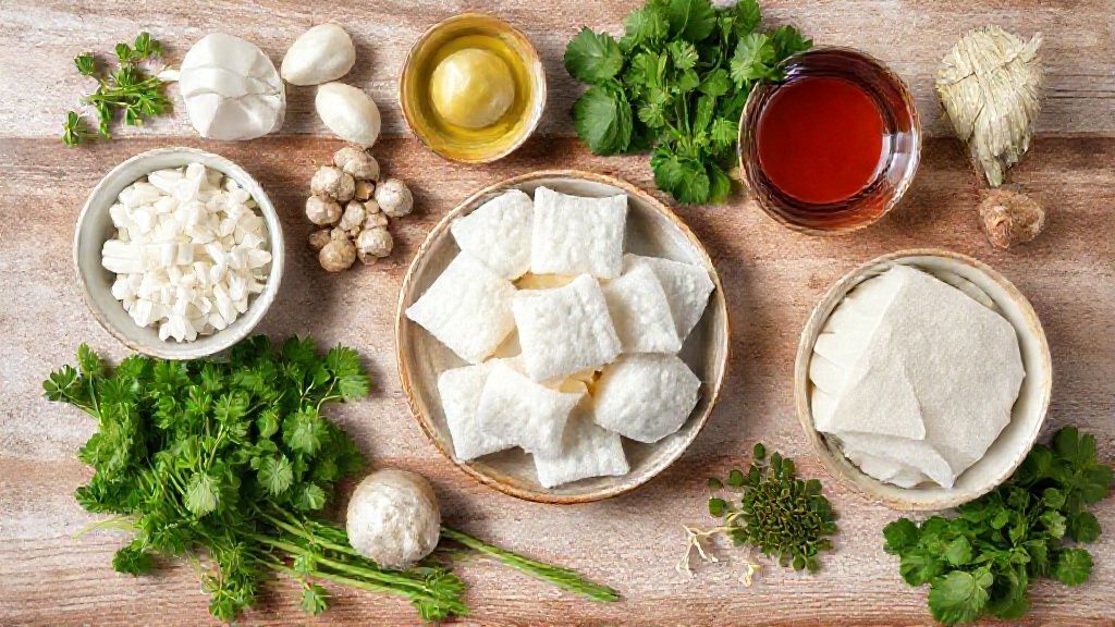 Visão de cima com os ingredientes da receita organizados em uma bancada