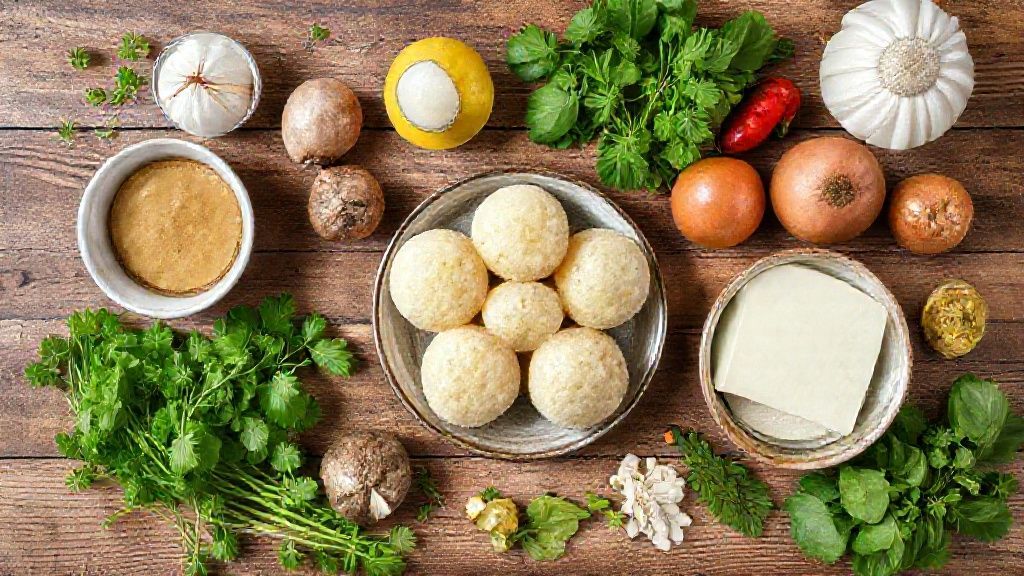 Visão de cima com farinha, manteiga, açúcar, sal, fermento e água organizados sobre bancada de madeira