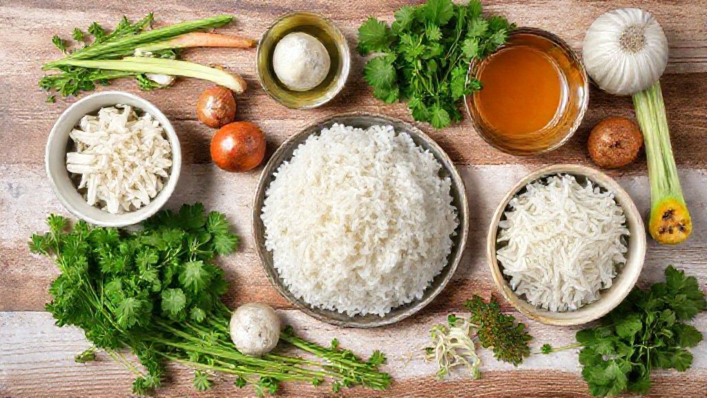 Visão de cima com arroz, ovo, queijo ralado, leite e ervas separados em tigelas sobre bancada rústica