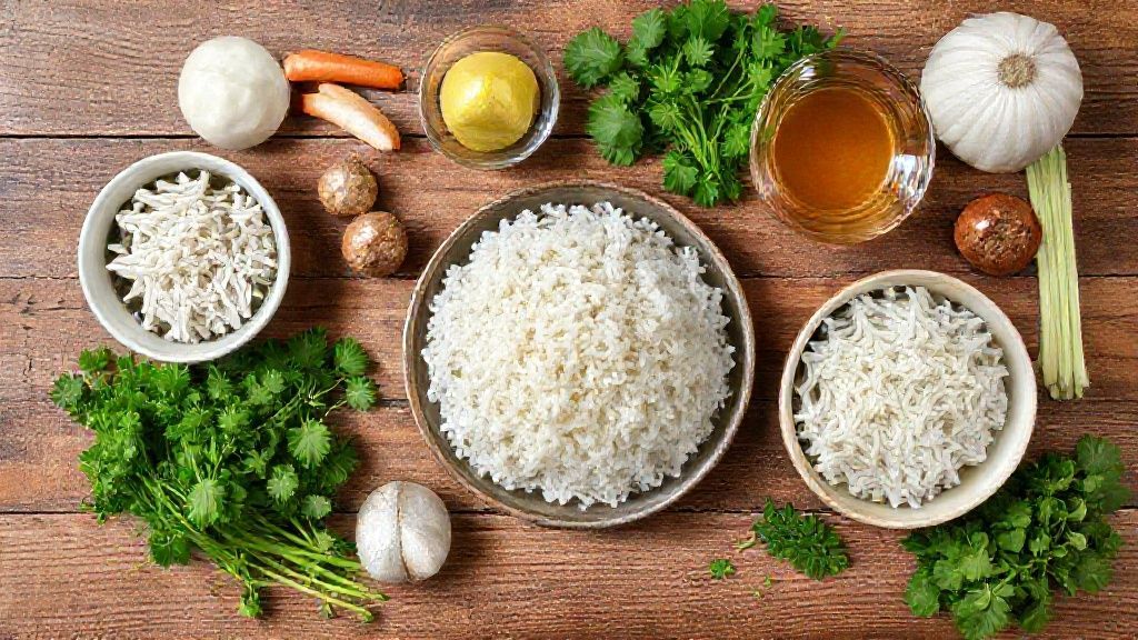 Ingredientes frescos organizados em uma bancada de madeira: arroz cozido, ovos, queijos, farinha e temperos