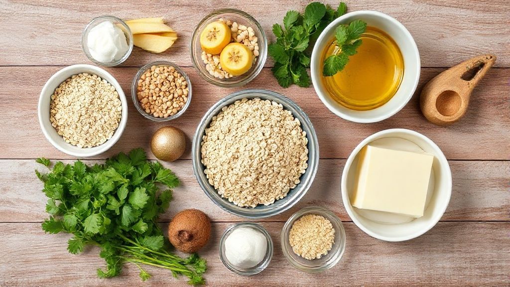 Ingredientes como banana, ovos, aveia e canela organizados sobre bancada de madeira