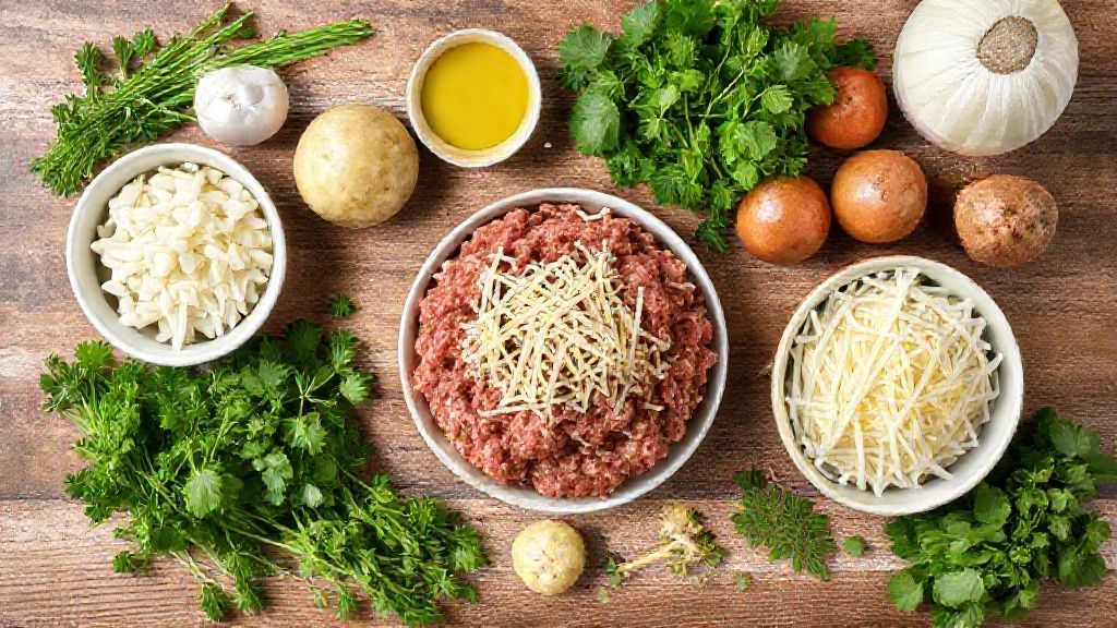 Visão de cima com batatas, carne moída, queijo, temperos e demais ingredientes organizados sobre uma bancada