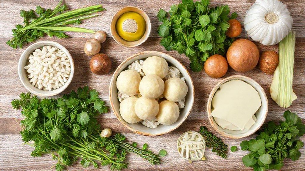Vista de cima com batatas cozidas, amido de milho, azeite e temperos organizados em tigelas sobre bancada de madeira