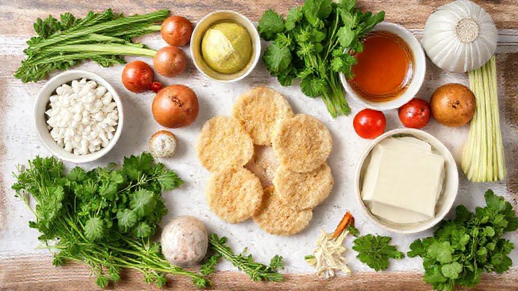 Ingredientes da receita dispostos ordenadamente sobre uma bancada de madeira