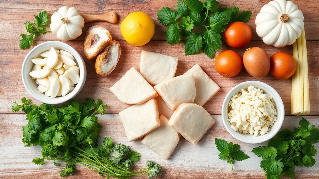 Visão de cima com os ingredientes do bolinho organizados em uma bancada rústica