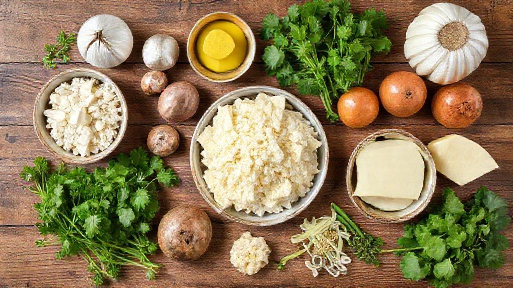 Visão de cima mostrando mandioca, calabresa ralada e farinha panko organizadas sobre bancada de madeira