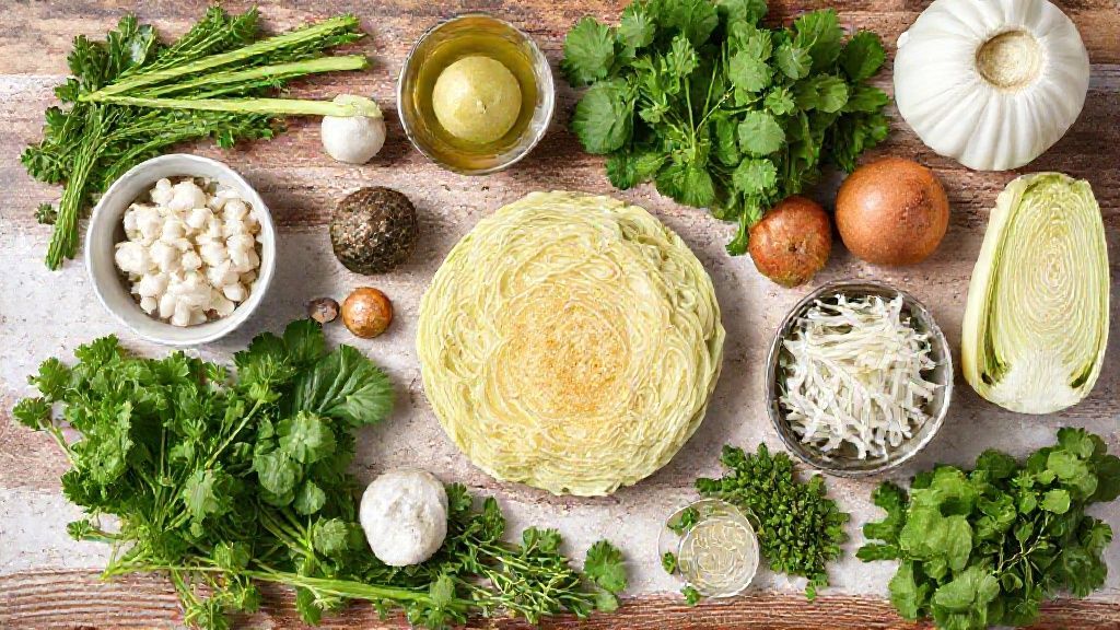 Visão de cima com os ingredientes da receita organizados em uma bancada.