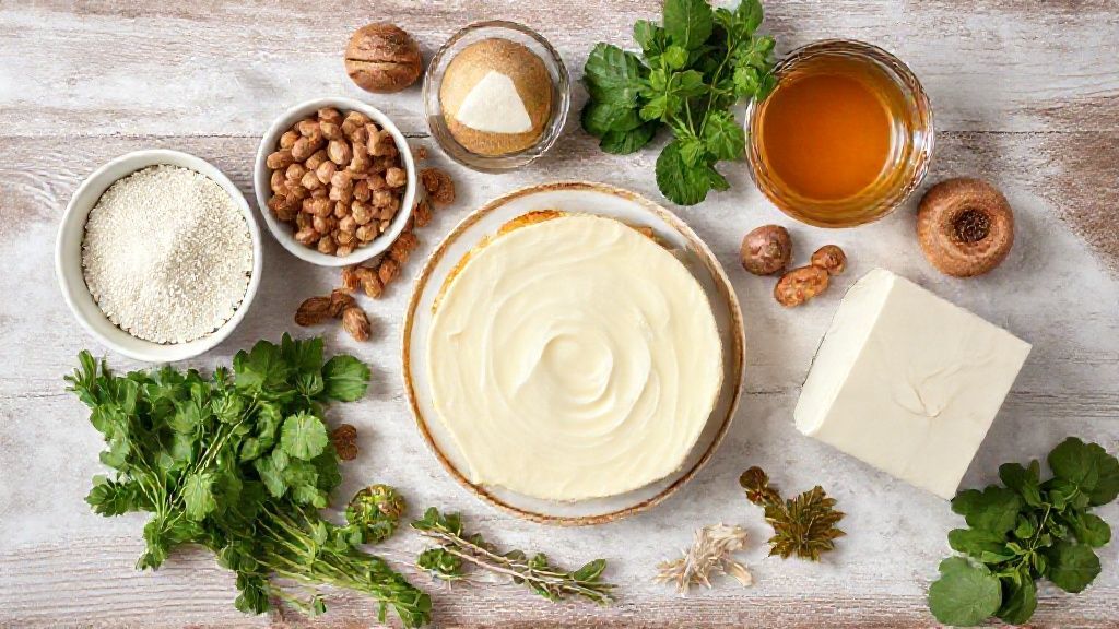 Visão de cima dos ingredientes como ovos, farinha, açúcar, nozes e doce de leite sobre bancada de madeira