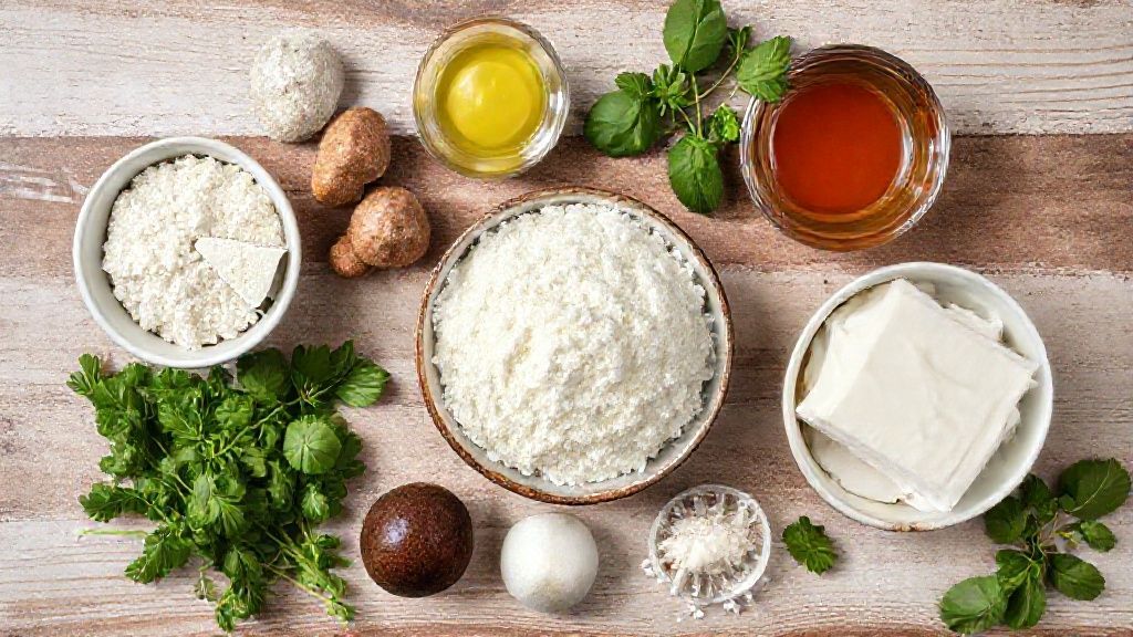 Visão de cima com os ingredientes do bolo de chocolate e brigadeiro dispostos em potes sobre uma bancada
