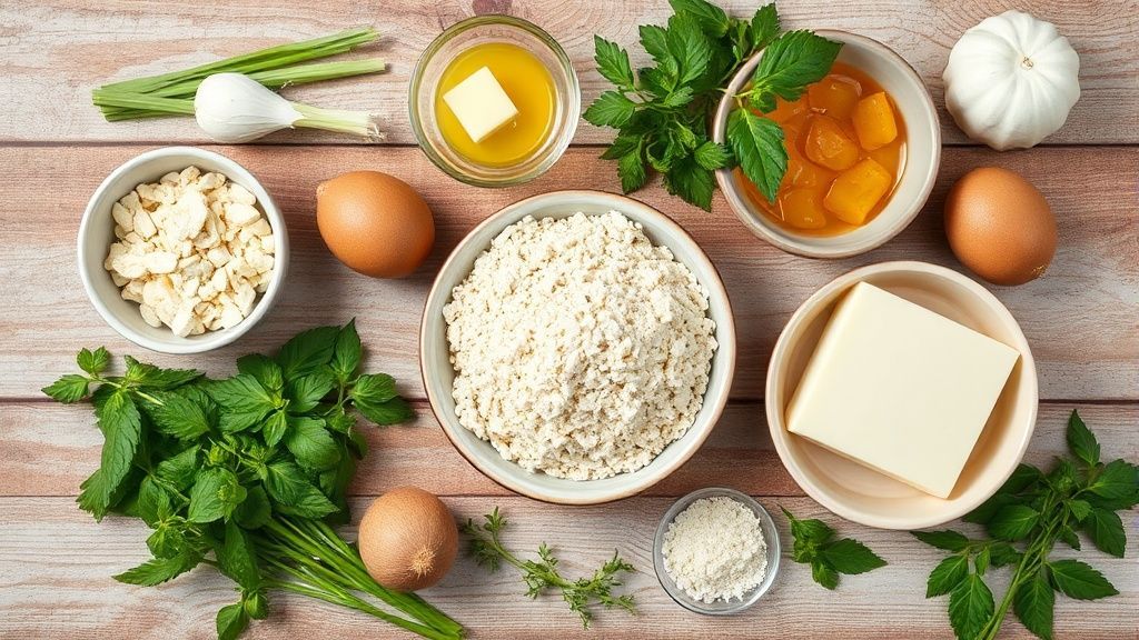 Ingredientes frescos organizados em bancada de madeira para preparar o bolo com flocão de milho