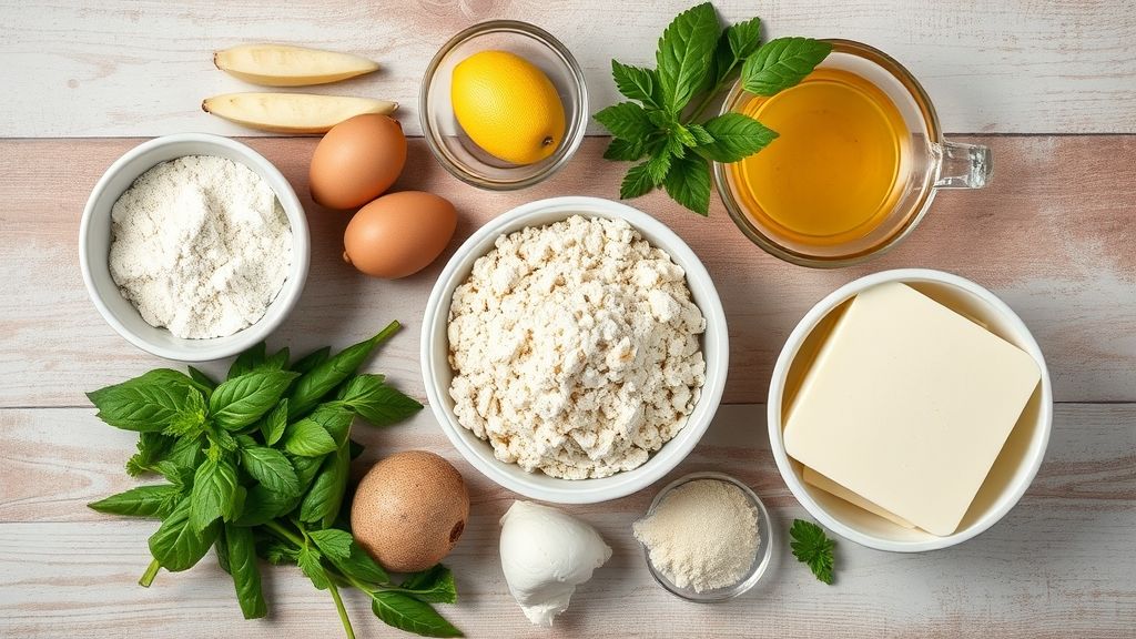 Visão de cima com bananas, farinha, açúcar, manteiga, canela e doce de leite dispostos sobre bancada de madeira.