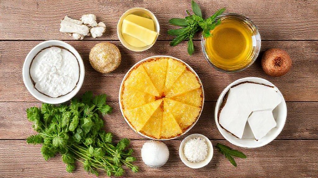 Visão de cima com as rodelas de abacaxi, coco, ovos, leite de coco e açúcar dispostos sobre bancada de madeira clara