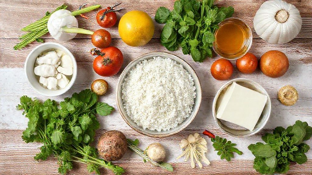 Visão de cima com farinha, açúcar, óleo, água e fermento organizados em tigelas sobre bancada rústica