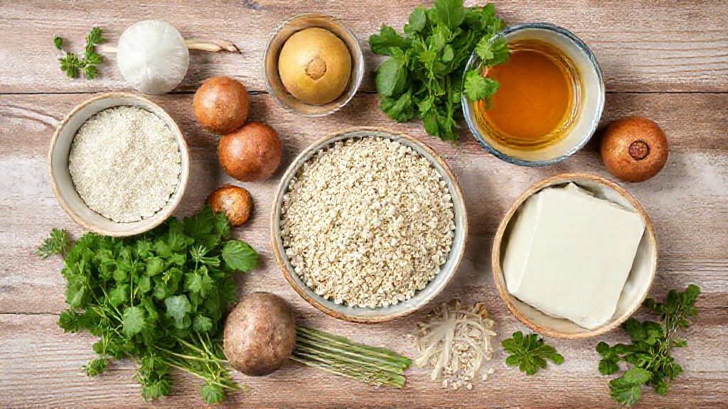 Visão de cima mostrando ovo, farinha de aveia, maçã, leite e açúcar organizados sobre bancada rústica