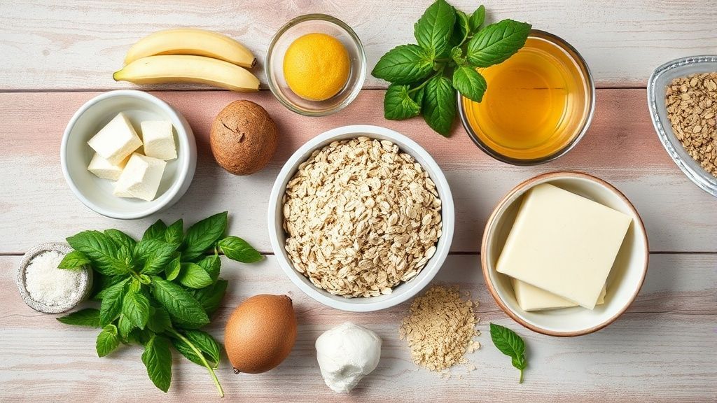 Ingredientes organizados em bancada de madeira — bananas maduras, aveia, ovos, leite e canela.