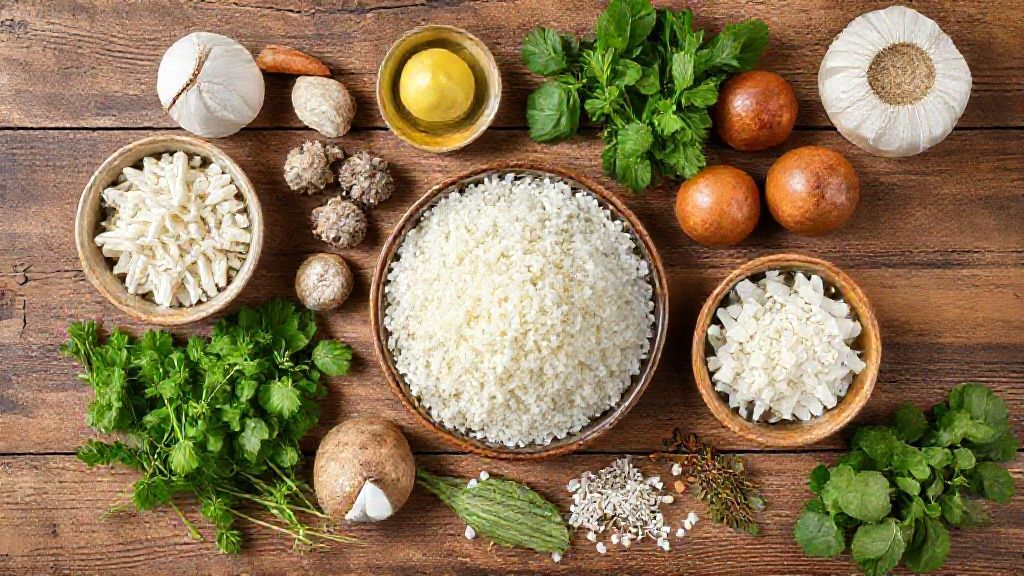 Visão de cima com tapioca granulada, coco, ovos e leite dispostos em tigelas sobre bancada de madeira