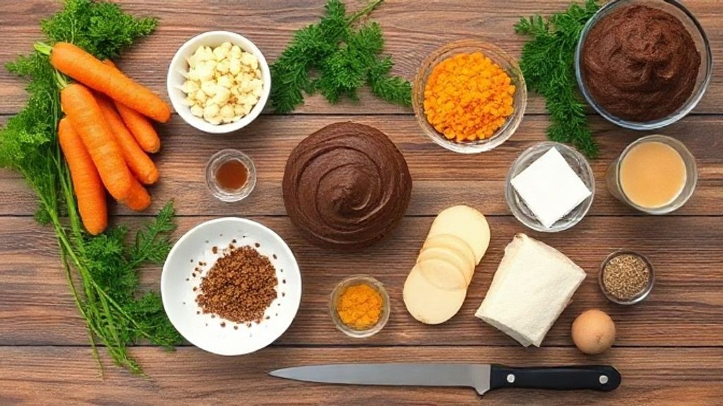 Visão de cima com os ingredientes da receita organizados em uma bancada de madeira