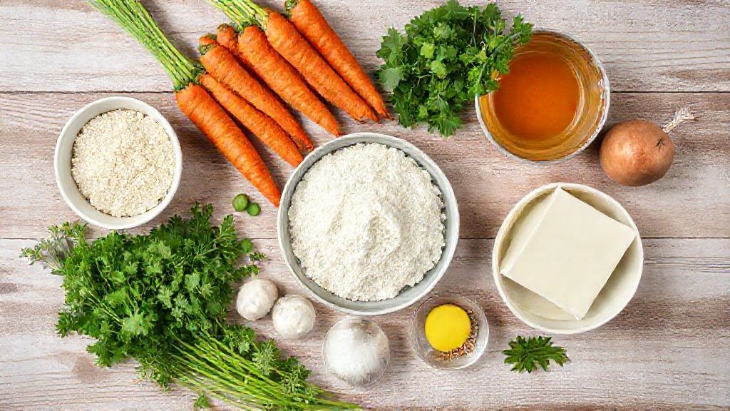 Visão de cima dos ingredientes do bolo de cenoura sem açúcar organizados sobre uma bancada de madeira