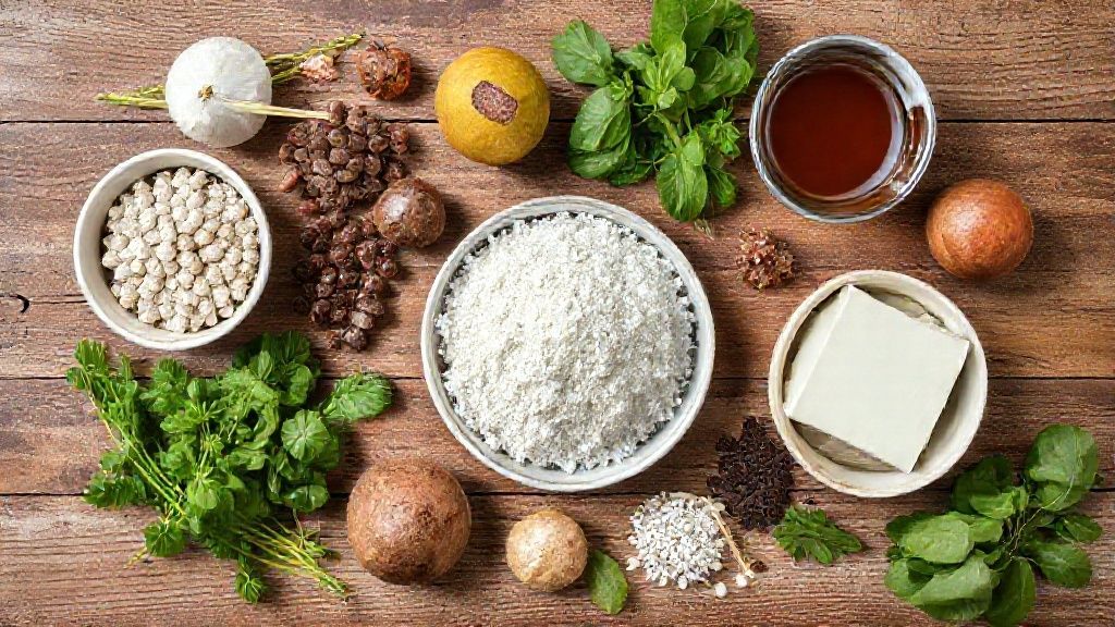 Visão de cima com os ingredientes da receita organizados em uma bancada de madeira rústica
