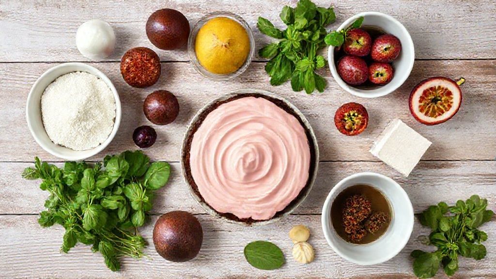 Visão de cima com farinha, ovos, cacau, leite condensado, maracujá e demais ingredientes da receita organizados em uma bancada.