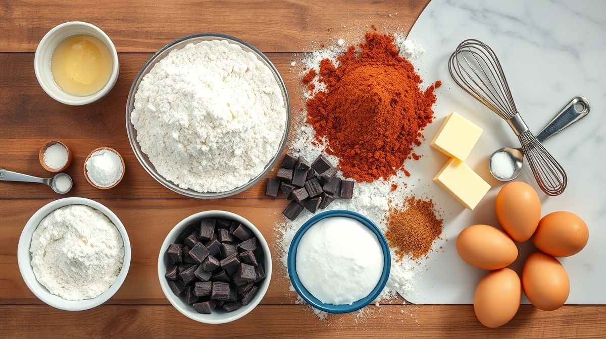 Visão de cima com os ingredientes do bolo de chocolate fofinho organizados em uma bancada de madeira