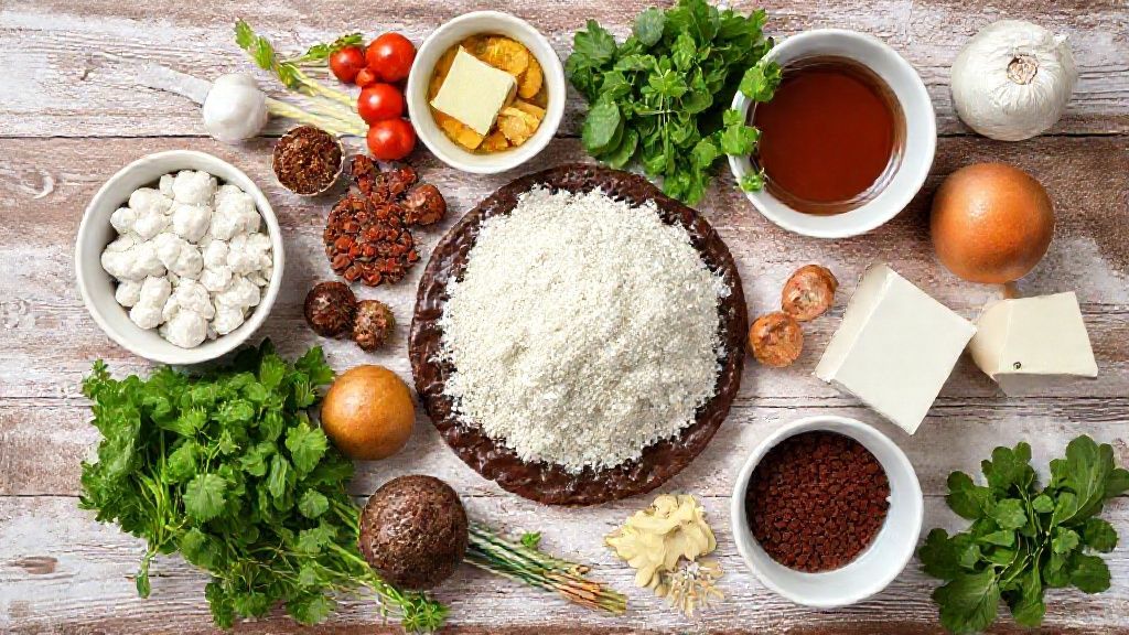 Visão de cima com os ingredientes da receita organizados em uma bancada