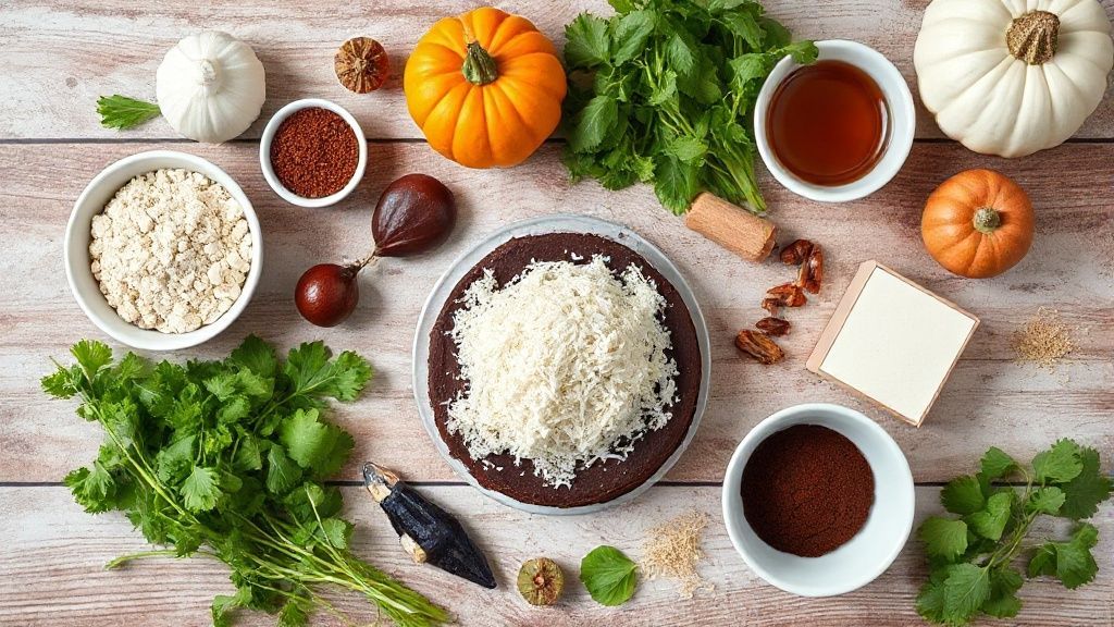 Visão de cima com os ingredientes do bolo de chocolate dispostos em tigelas sobre bancada rústica.