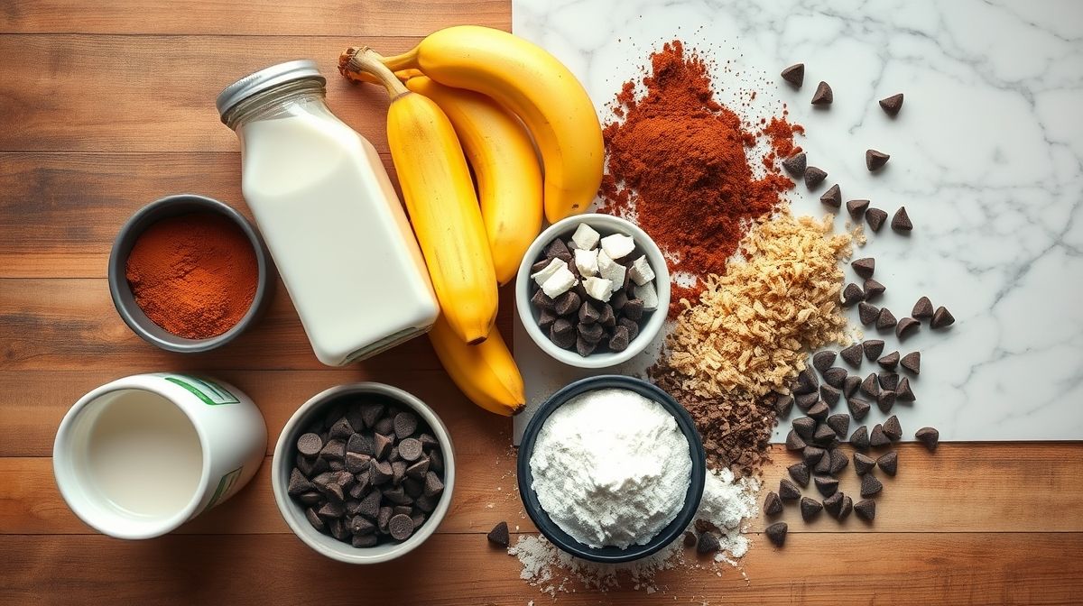 Ingredientes do bolo de chocolate sem ovo organizados sobre bancada com tigela e medidores