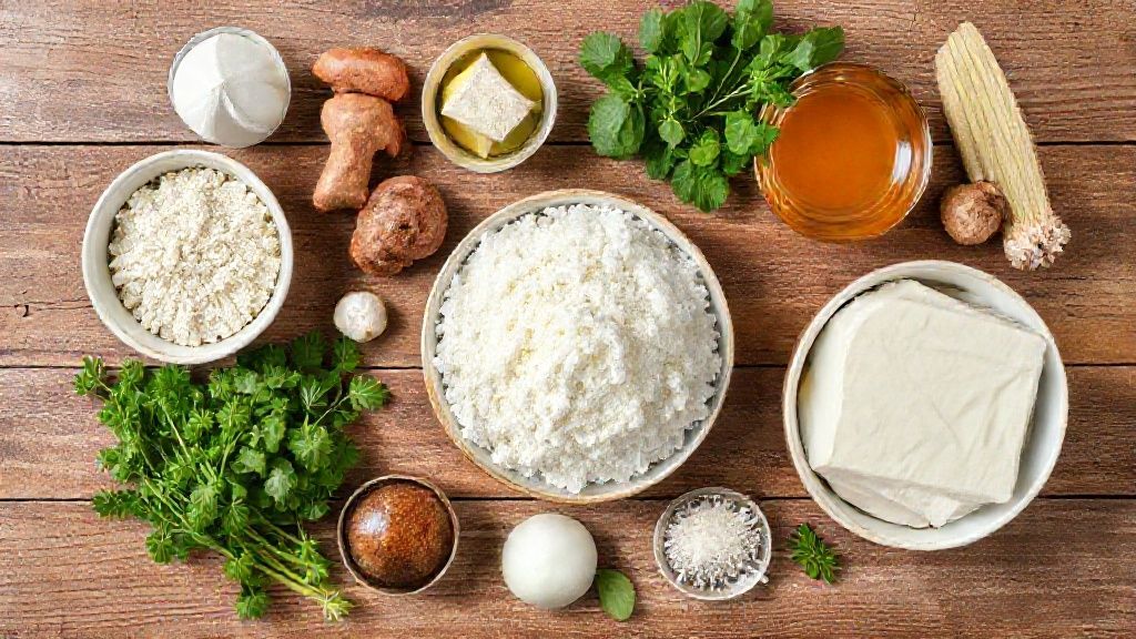 Ingredientes dispostos em tigelas em uma bancada de madeira — ovos, leite, farinha, açúcar, canela e doce de leite.