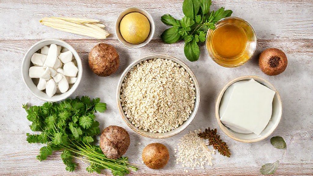 Ingredientes medidos e dispostos em tigelas sobre uma bancada de madeira: ovos, farinha de aveia, coco ralado, óleo e leite