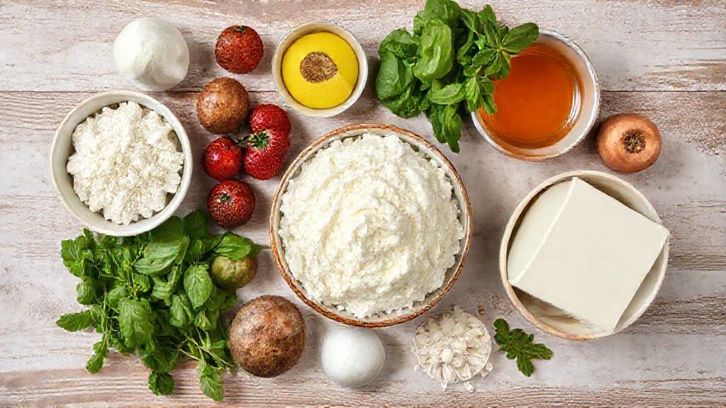 Visão de cima com os ingredientes da receita organizados em uma bancada rústica