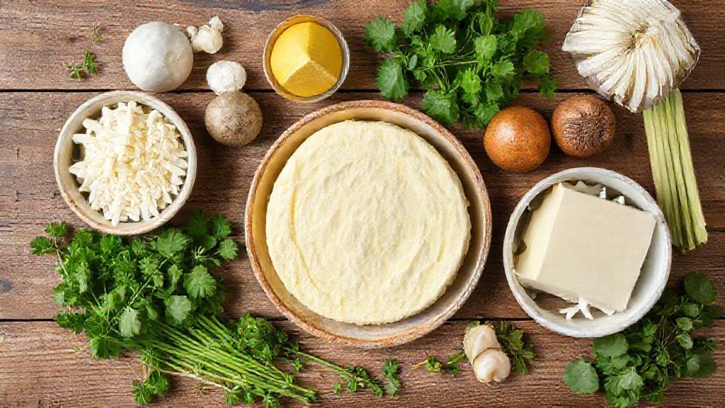 Visão de cima com fubá, ovos, queijo, leite e leite de coco dispostos organizadamente sobre bancada de madeira