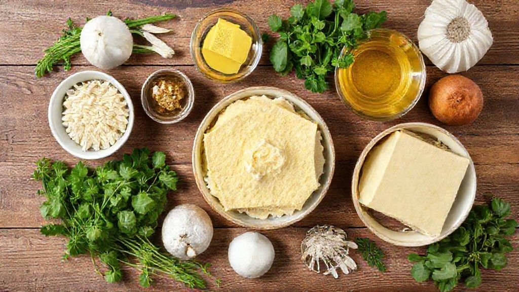 Visão de cima mostrando ovos, fubá, leite e manteiga organizados em bancada de madeira