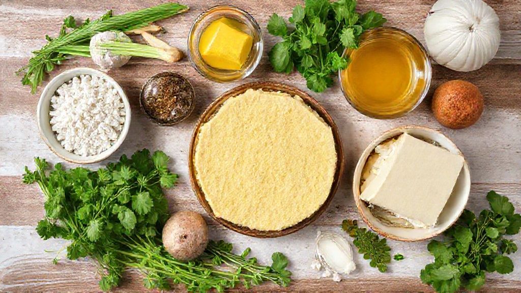 Visão de cima dos ingredientes do bolo — ovos, fubá, açúcar, leite e óleo — organizados sobre bancada de madeira