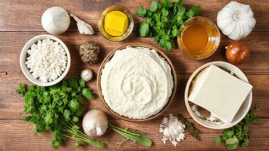 Visão de cima mostrando fubá, ovos, leite e açúcar organizados sobre bancada de madeira