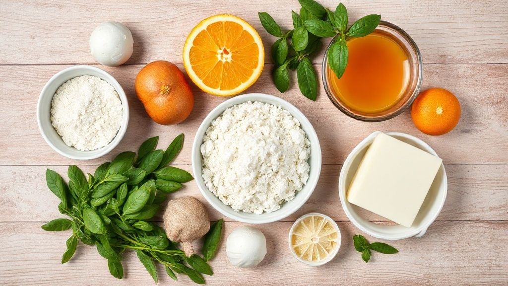 Visão de cima dos ingredientes frescos organizados em bancada de cozinha