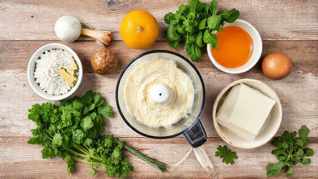 Visão aérea com ovos, laranjas frescas, açúcar e farinha dispostos sobre bancada de madeira