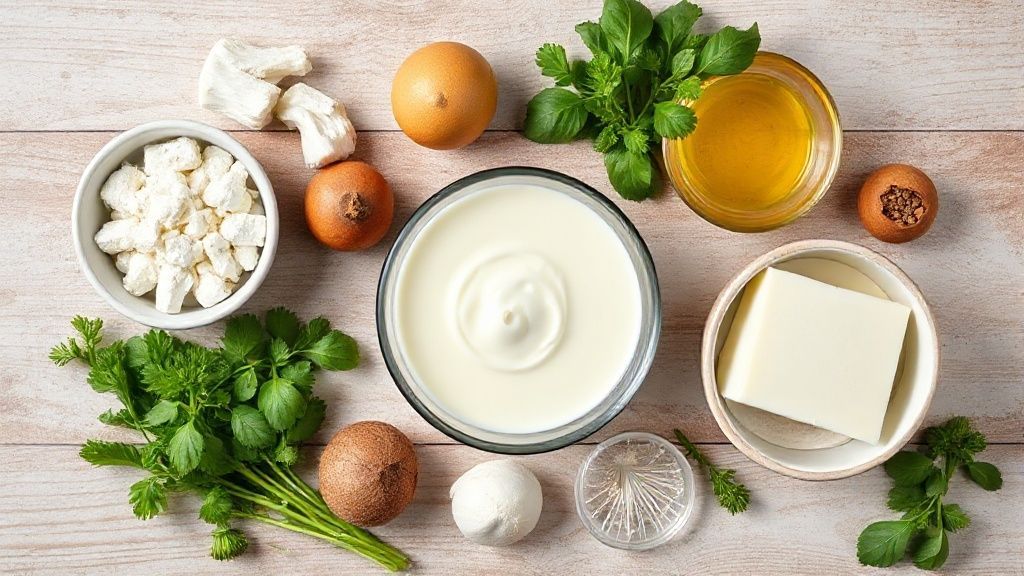 Visão de cima com ovos, leite condensado e amido de milho dispostos em bancada de madeira