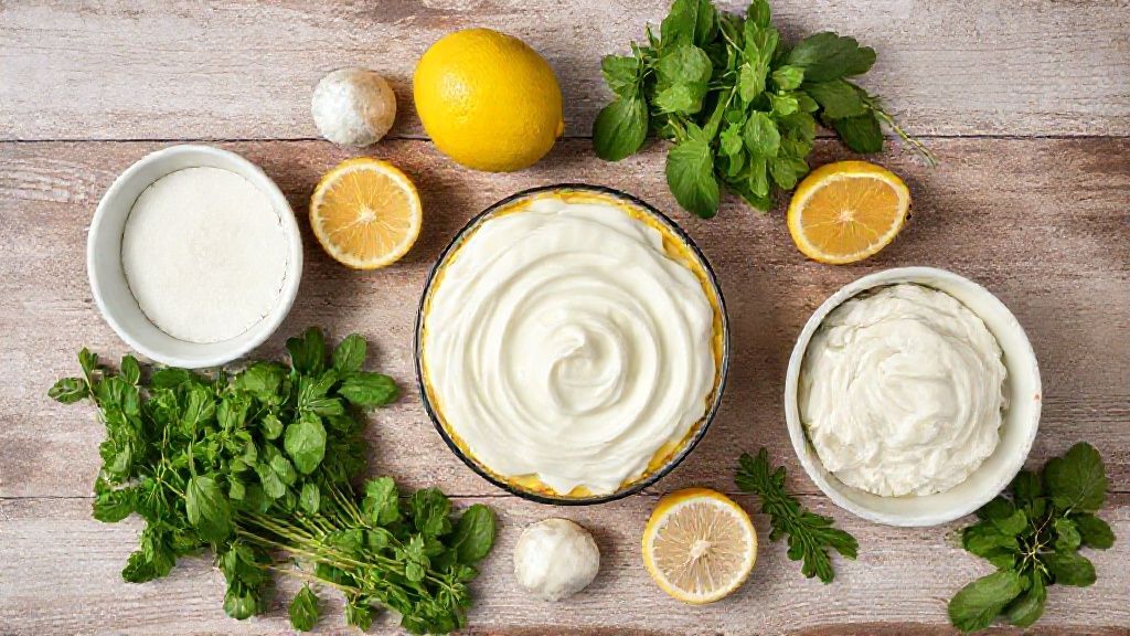 Visão de cima com farinha, ovos, limões, leite condensado e outros ingredientes dispostos sobre uma bancada