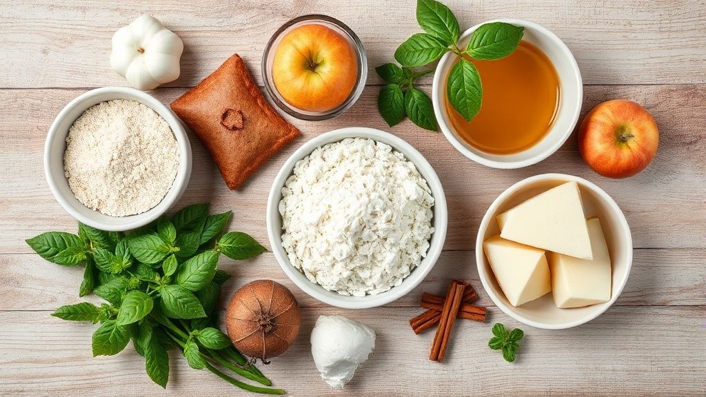 Visão de cima com maçãs, ovos, farinha, açúcar e canela organizados sobre superfície de madeira clara