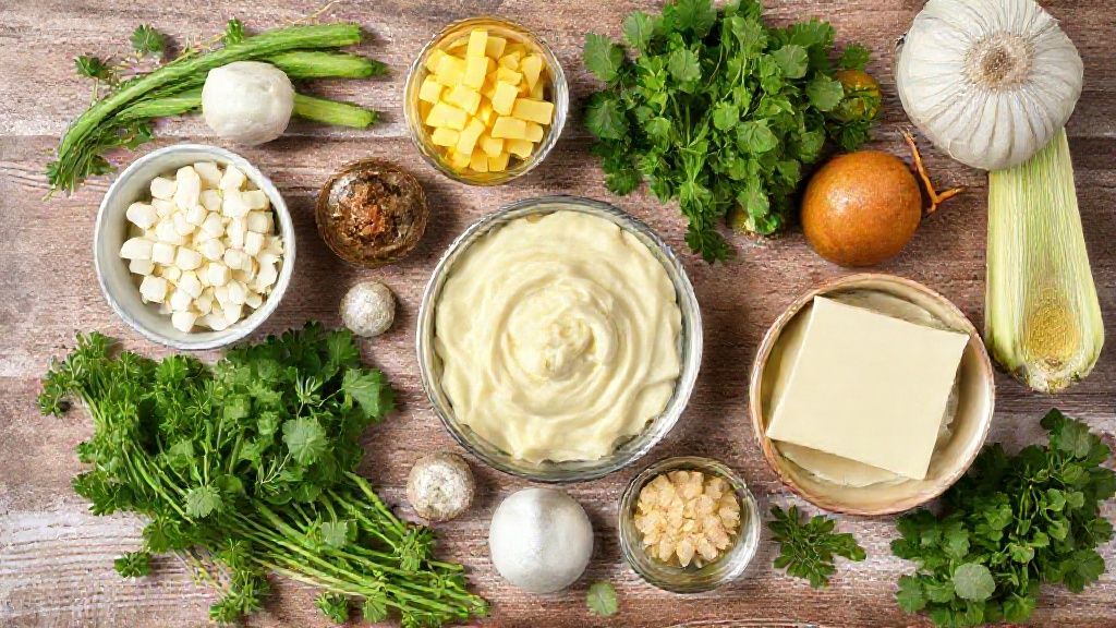 Visão de cima dos ingredientes medidos e organizados em uma bancada rústica