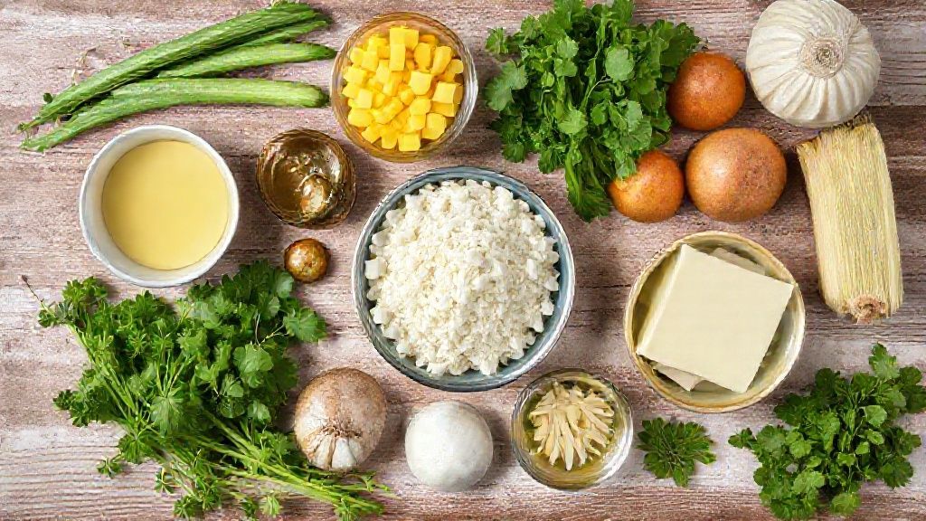 Visão de cima com os ingredientes da receita organizados em uma bancada