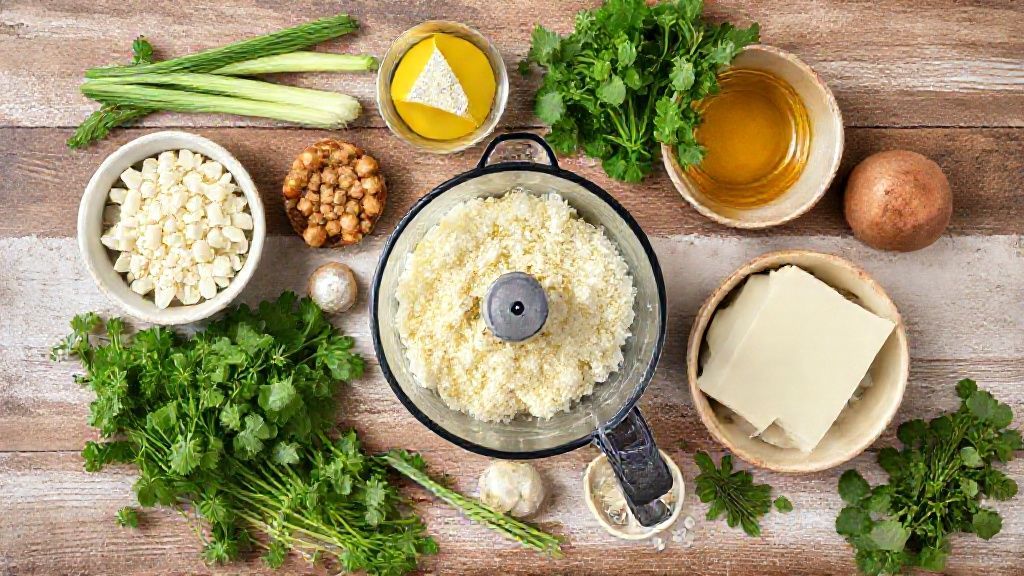 Visão de cima com os ingredientes da receita organizados em uma bancada de madeira