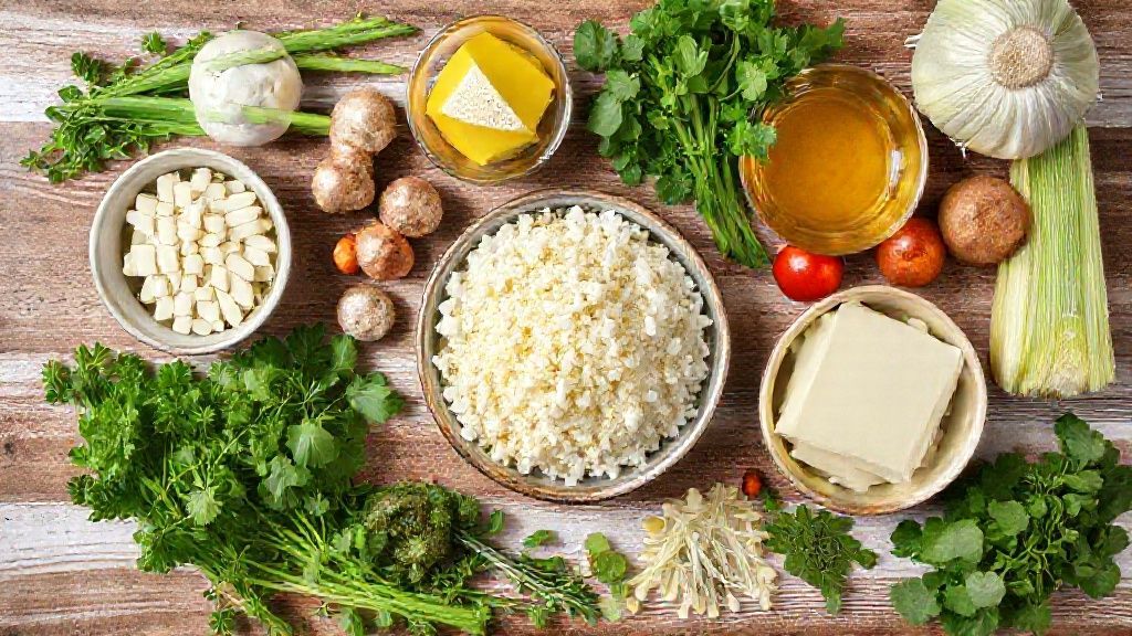 Visão de cima com milho, ovos, leite, fubá e açúcar organizados sobre bancada rústica.