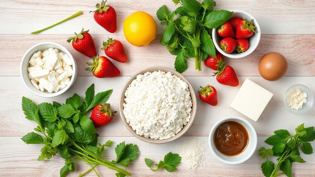 Ingredientes separados e organizados em bancada: morangos, aveia, ovos, mel e óleo de coco.