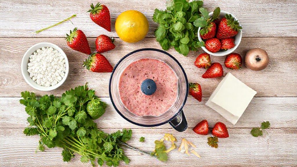 Visão de cima com ovos, morangos, mel, aveia e outros ingredientes dispostos em tigelas sobre bancada de mármore