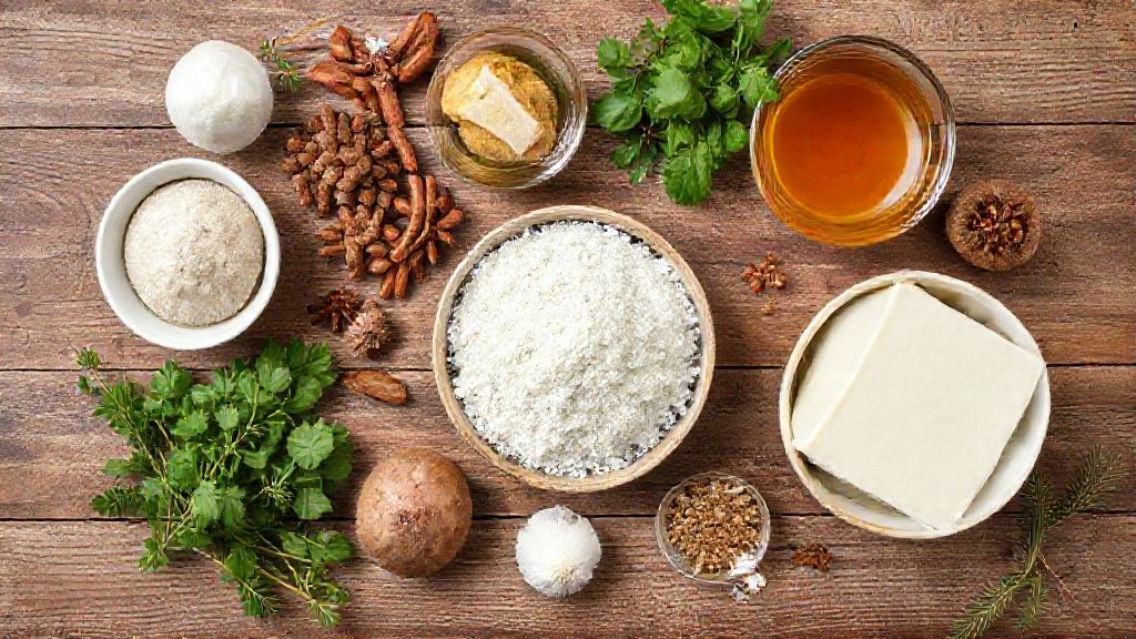 Visão de cima com os ingredientes da receita — mel, farinha, ovos, especiarias e manteiga — organizados em bancada rústica.
