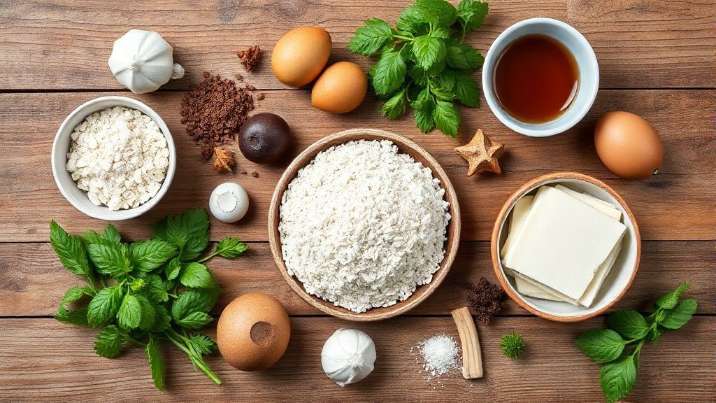 Ingredientes medidos e organizados sobre bancada de madeira, incluindo achocolatado, ovos, açúcar e farinha